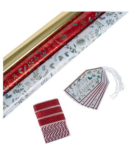 Merry Berry Red and Gold Gift Wrap & Tag Pack