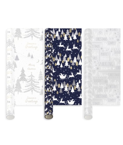 Recyclable 4m Midnight Blue Christmas Wrapping Paper - Navy Sleigh