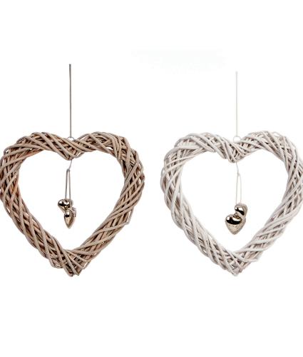 Pack of 2 White & Natural Hanging Wicker Hearts 
