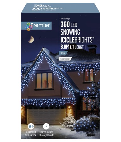 Premier LED Snowing Icicle Timer Lights - White 360 LEDs