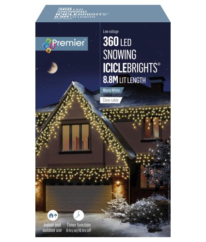 Premier LED Snowing Icicle Timer Lights - Warm White 360 LEDs