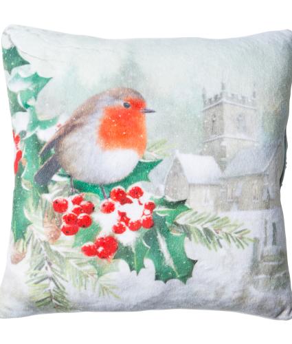 Large Winter Robin LED Cushion